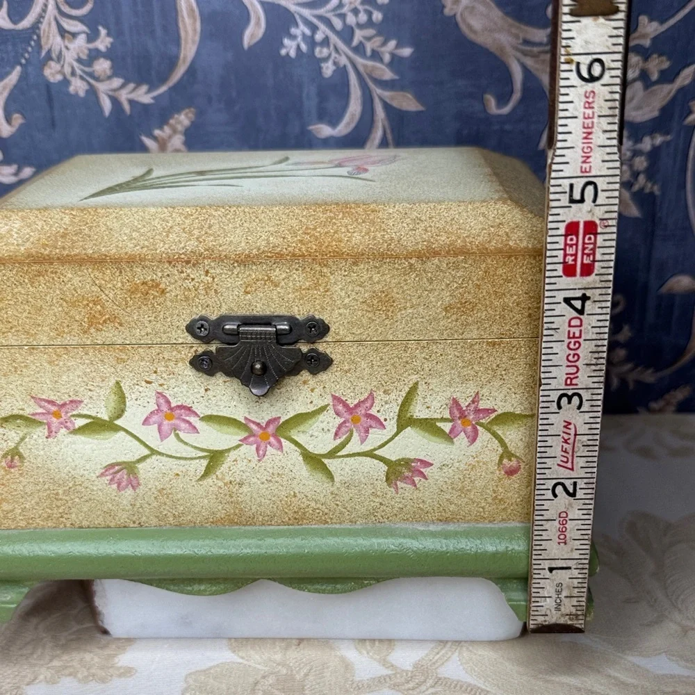 Vintage Painted Wood Jewelry Box Trinket Box Chest with Pale Pink Flowers